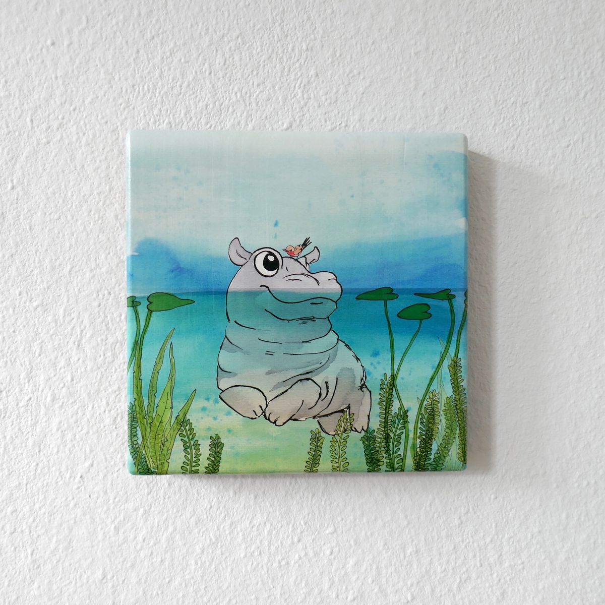 Handgemaakte wenskaart - Nijlpaard - On Wood - Art by Margreet Rijlaarsdam